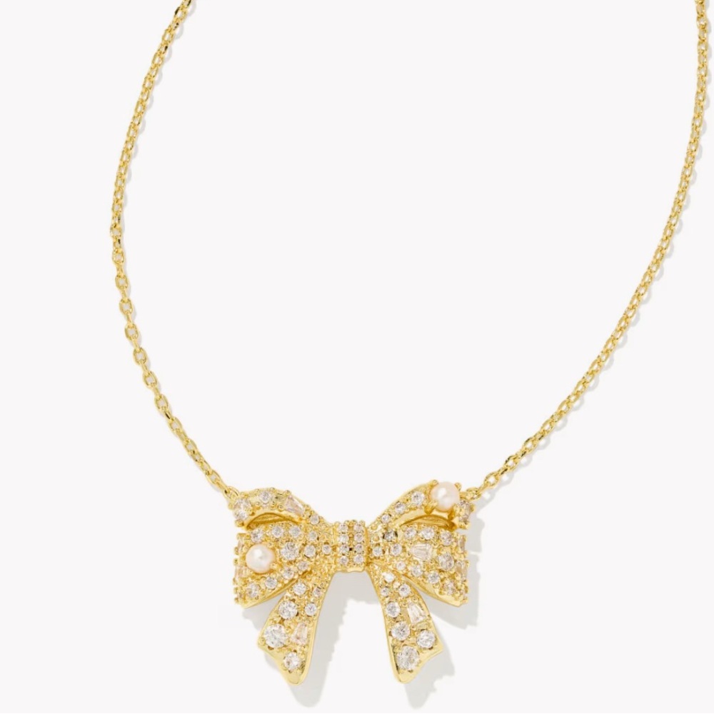 Kendra Scott Krista Gold Bow Pendant Necklace in White Mix-NWT